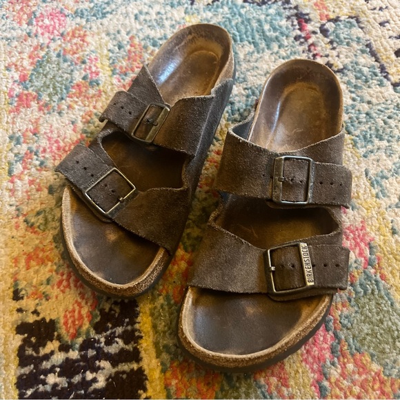 Birkenstock Brown Suede Arizona Soft Footbed Double Strap Buckle Sandals - Picture 1 of 6